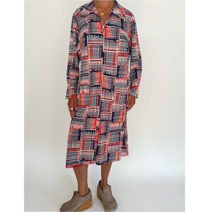 70s vintage multicolor abstract patterned retro collared zip up silky midi dress